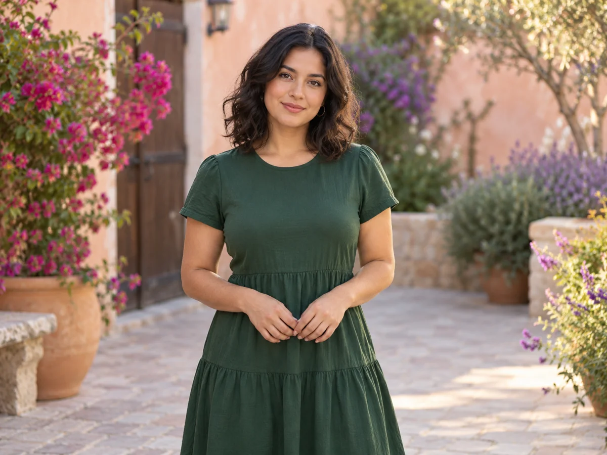 Mulher de vestido verde em um jardim com flores