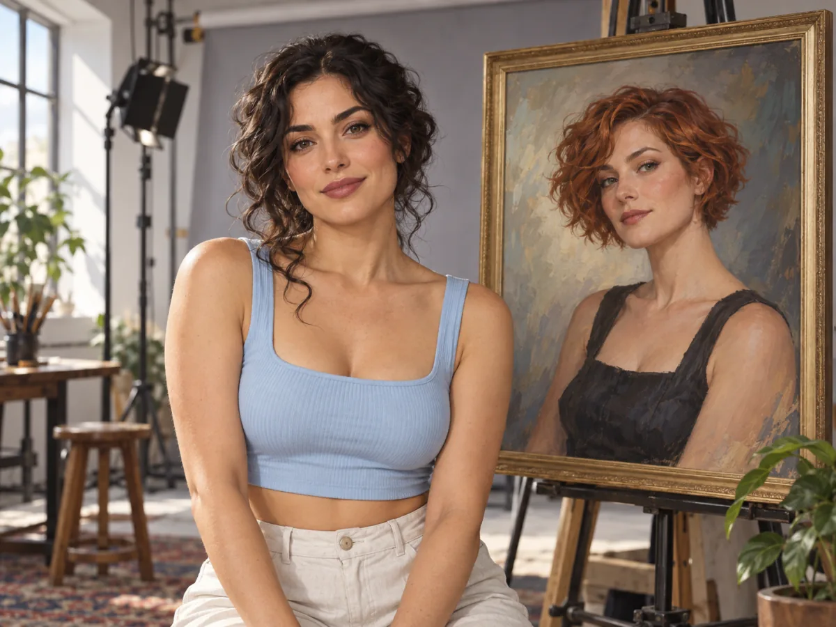 Retrato de mulher em ateliê com pintura ao fundo